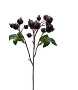 Faux Crab Apple Berry stem in Black Doris, 38cm with clusters of deep plum berries and green leaves.