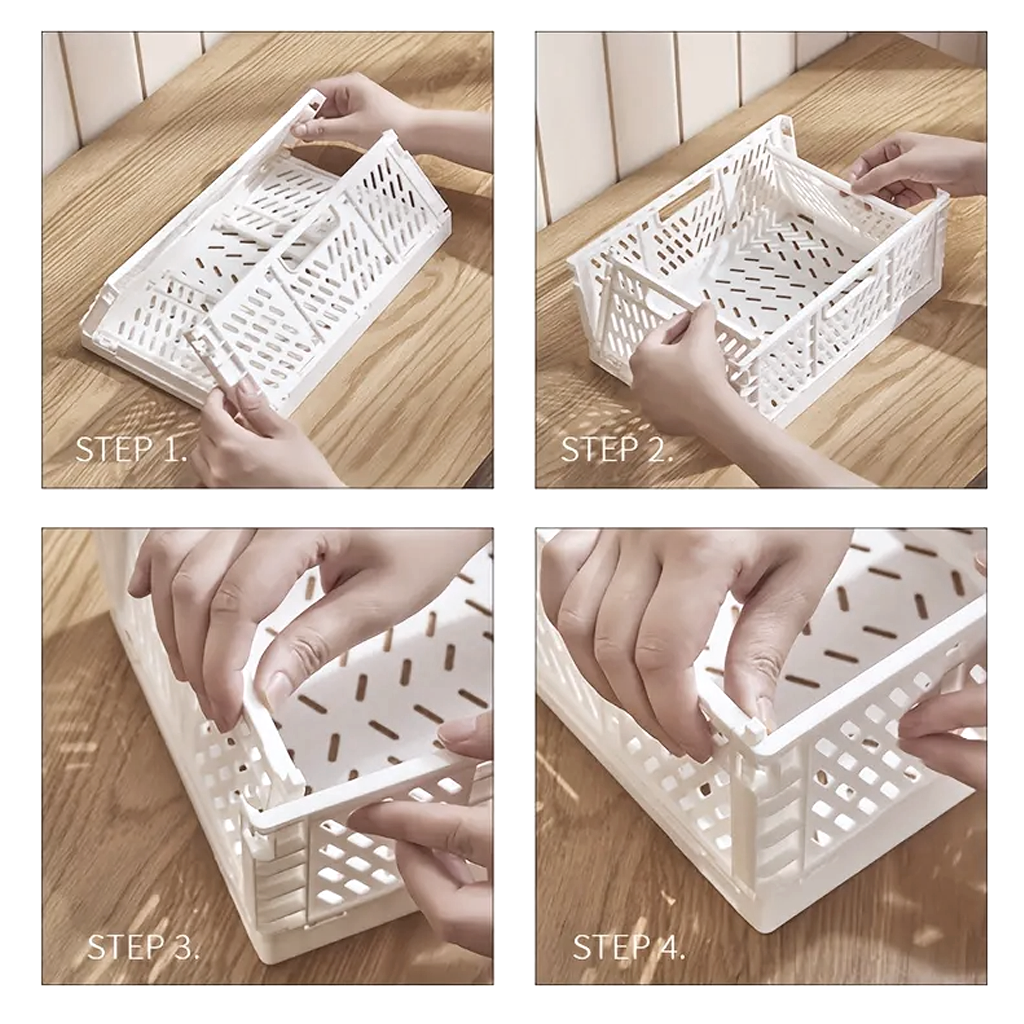 Four step assembly sequence showing the crate unfolded and clicked into shape