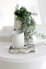 Artificial trailing succulent spilling over a speckled white planter, styled on a stack of neutral coffee table books with a white candle on a marble tray and wick trimmer.