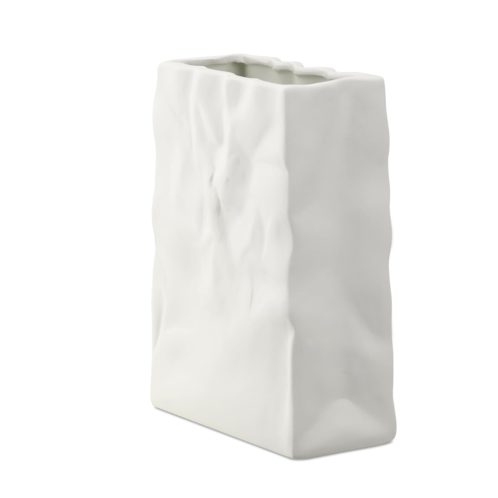 White ceramic paper bag vase with a crumpled matte finish, shown alone on a white background