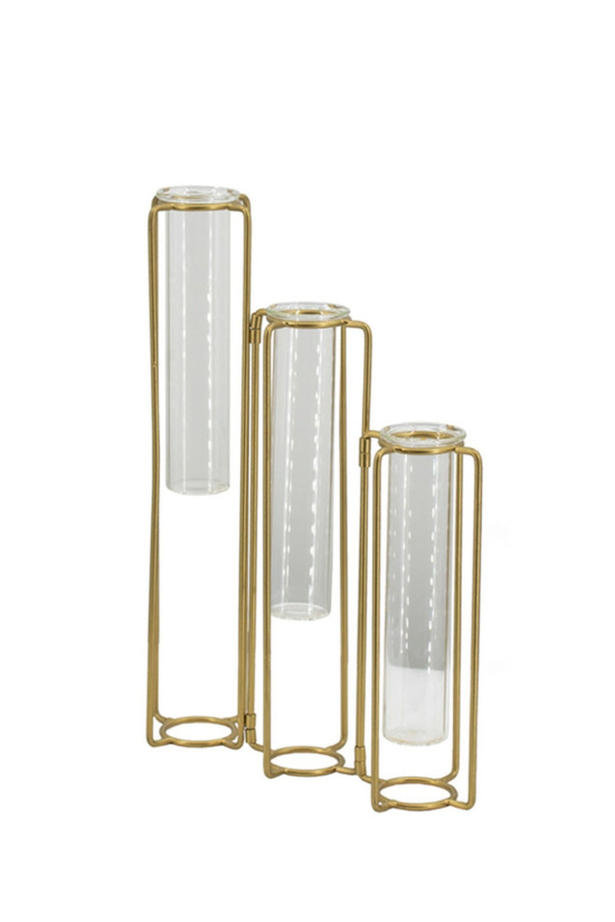 Curio Trio Beaker Vase with three clear glass tubes in a stepped brass frame, 39cm tall
