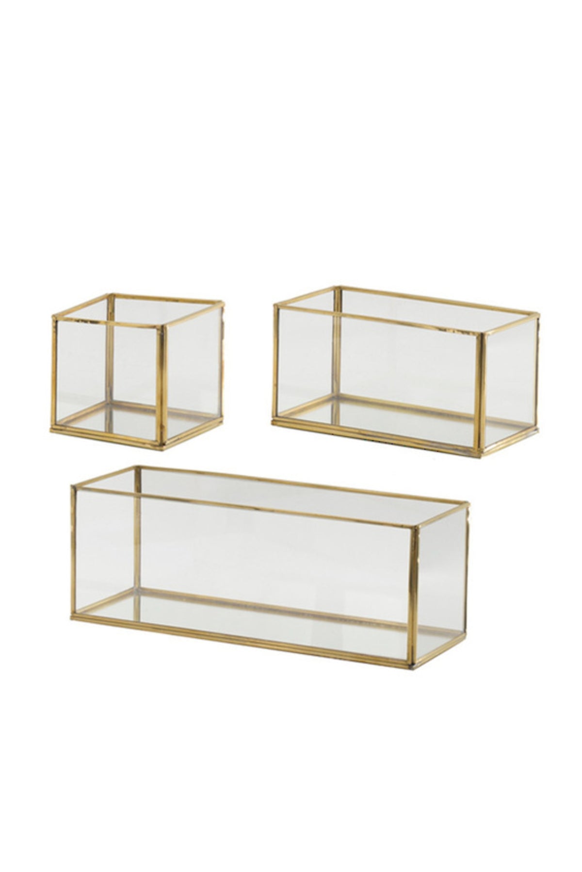 Curio Window Boxes, set of three open-top clear glass display boxes with brass frames