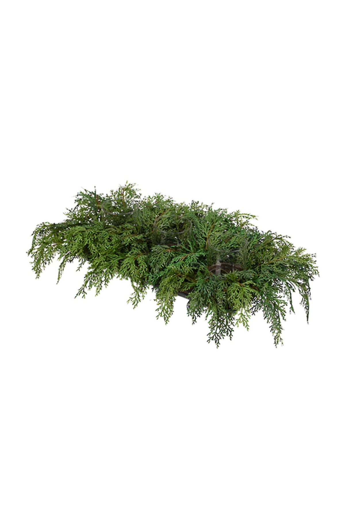 Long artificial cypress centrepiece holding three tealights, 50cm long