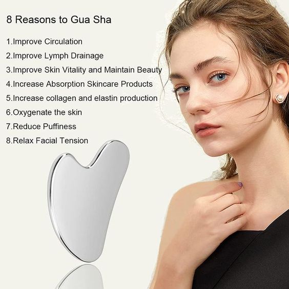 Woman with her hand at her neck beside the gua sha and a numbered list of reasons to use one
