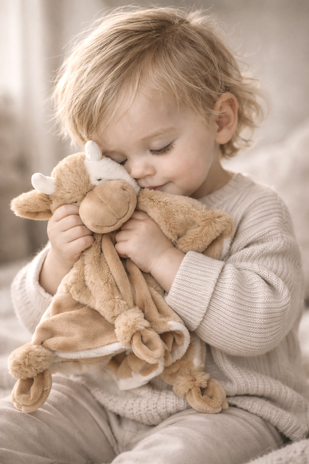 Toddler cuddling Daisy the Cow comforter in a soft neutral knit outfit, holding a beige plush cow lovey with knotted corners in a warm, cosy setting