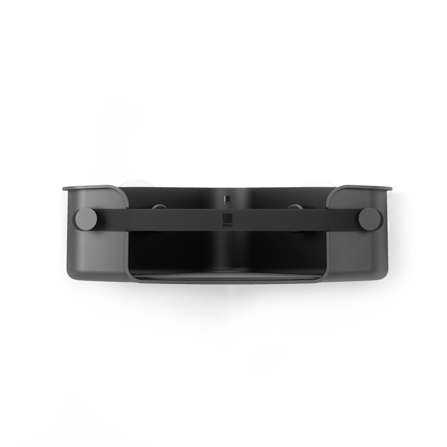 Umbra Flex adhesive corner bin in black seen from the front with its side knobs