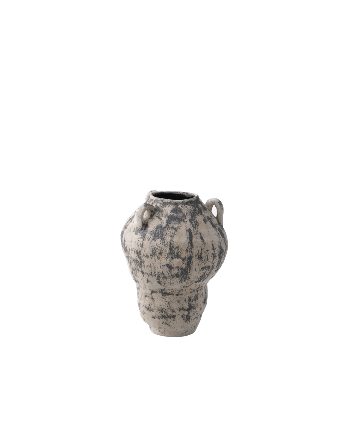Large size on white, a taller stacked vase with two loop handles in mottled off-white and charcoal