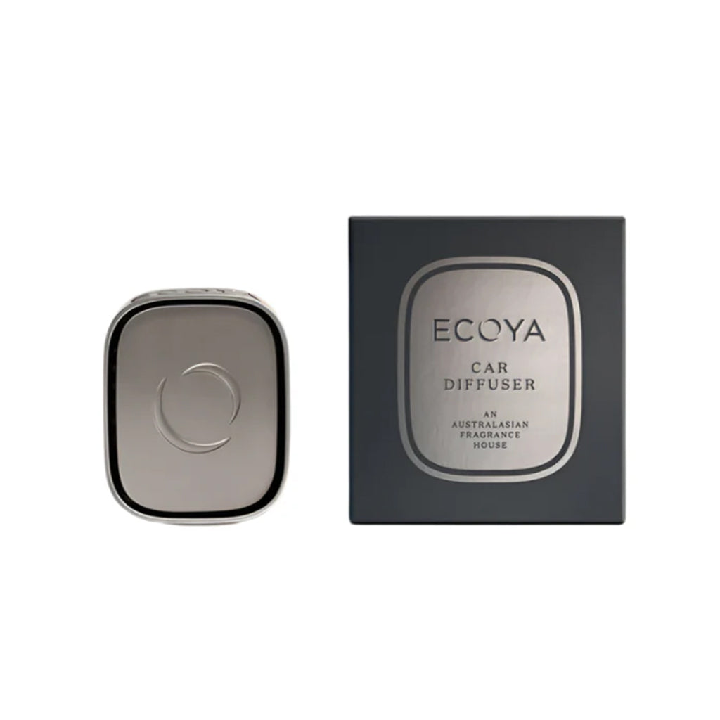 Ecoya Car Diffuser in satin charcoal metal with its Lotus Flower pod