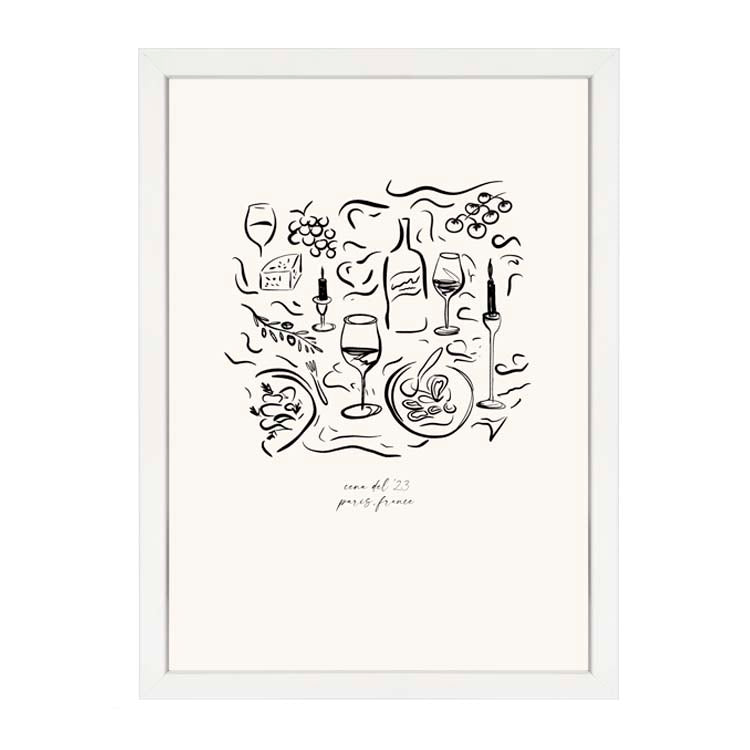 Dinner Party Print by Papier HQ in a white frame, black ink line drawing of a laden table with wine, glasses and plates