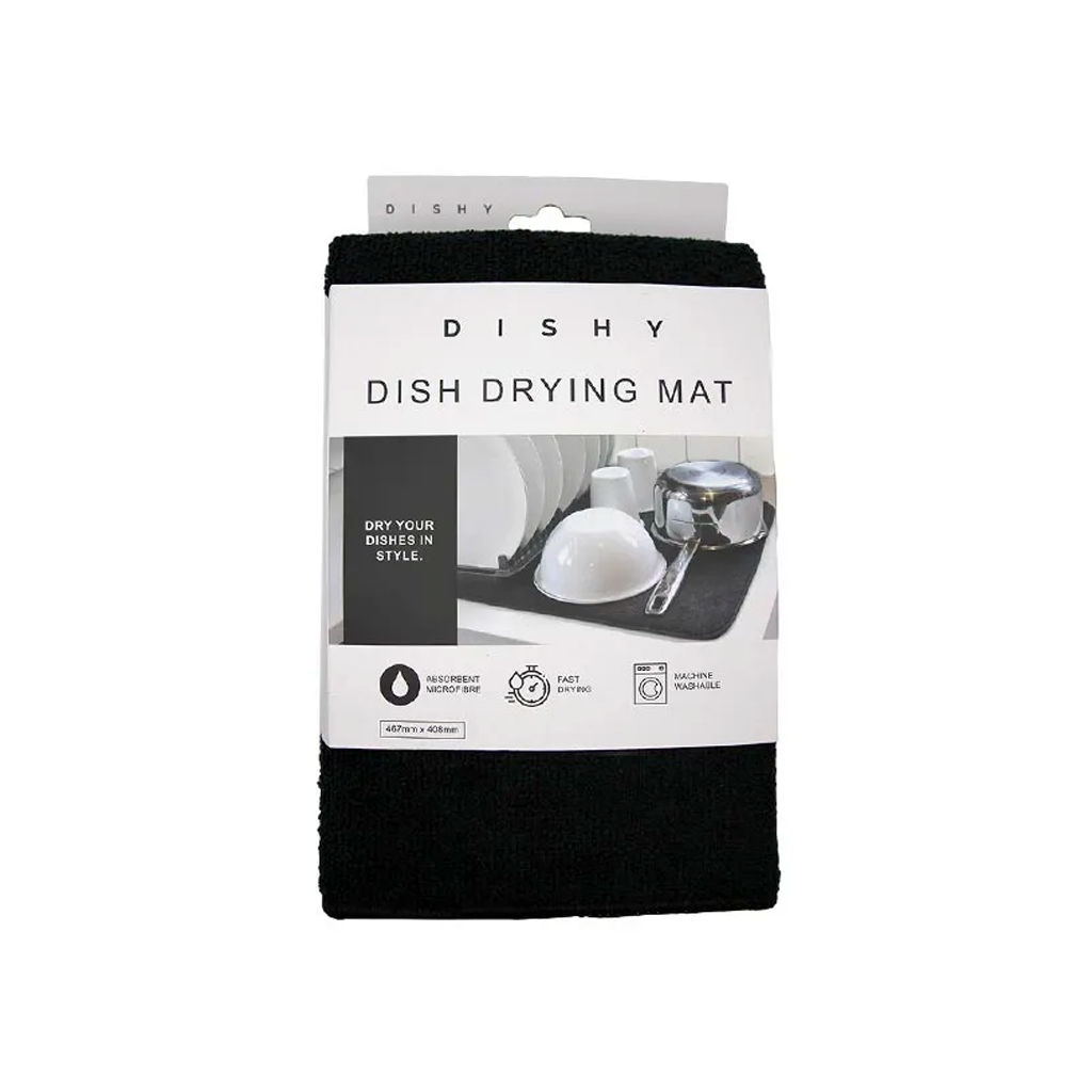 Dishy dish drying mat in black, rolled in its packaging