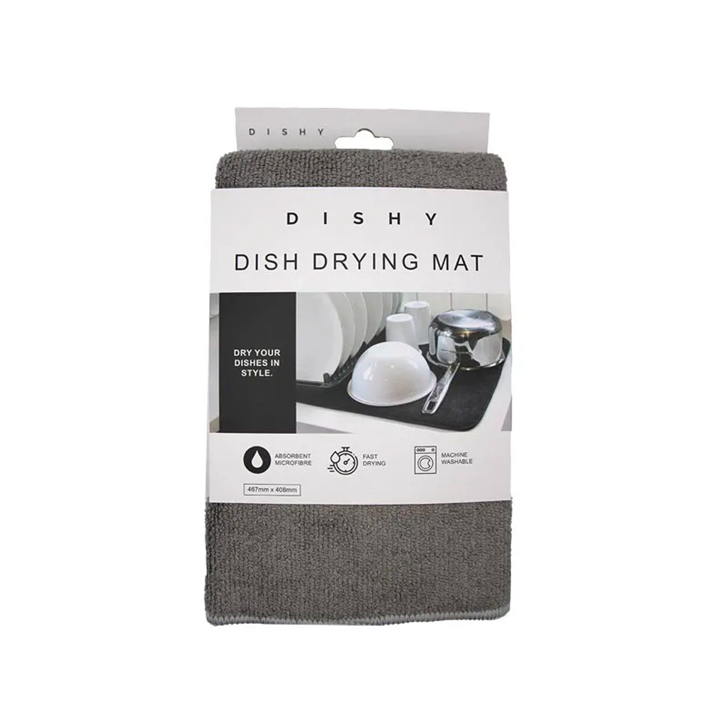 Dishy dish drying mat in grey, rolled in its paper band packaging