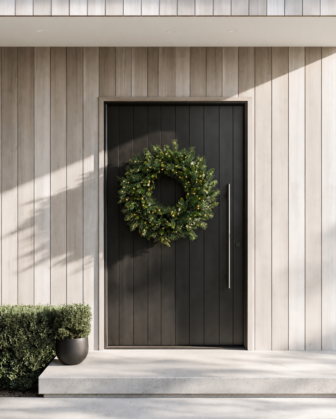 Spruce Pre-Lit Christmas Wreath with glowing warm LEDs on a wide black pivot front door in timber cladding