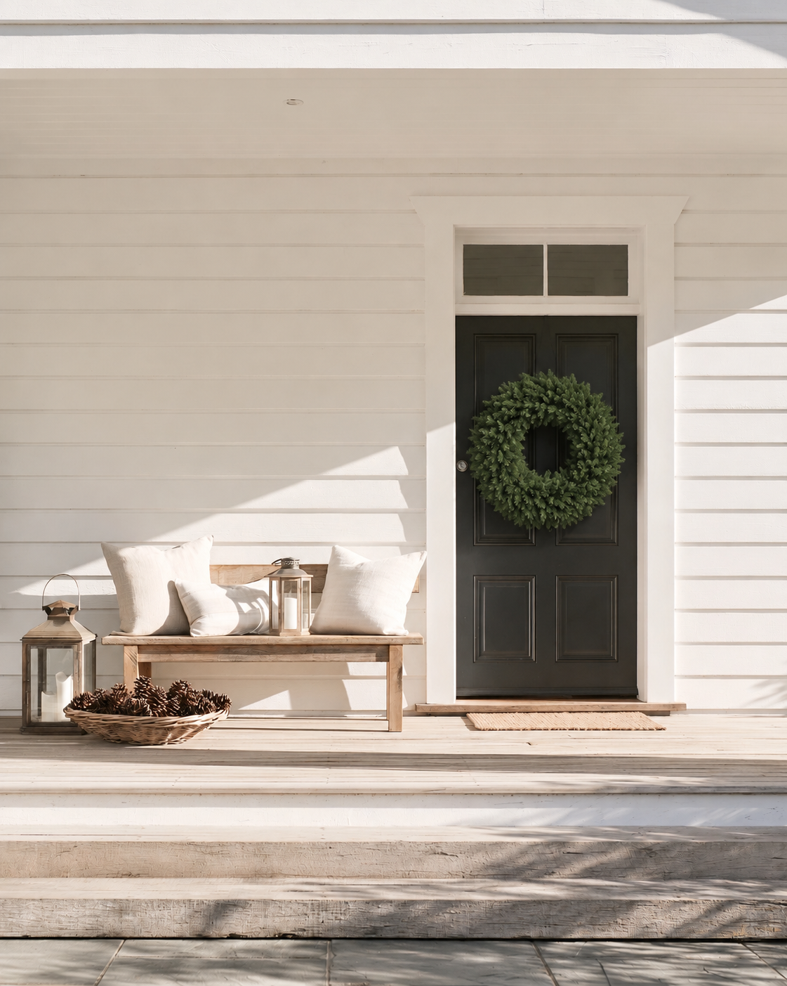 Royale Christmas Wreath on a dark front door of a white weatherboard porch with a timber bench and lantern