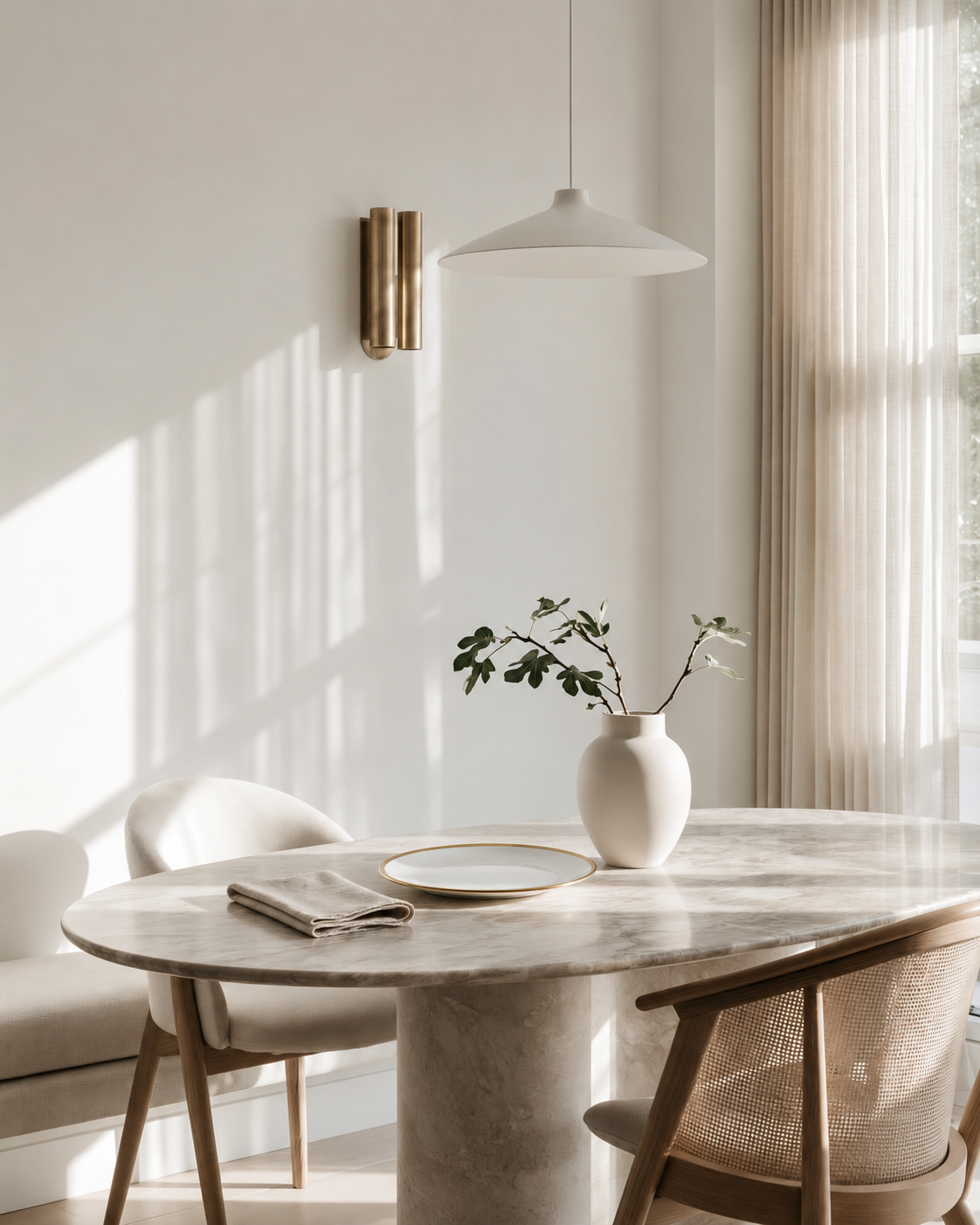 Dore Dinner Plate 27cm with gold rim on a marble dining table with a linen napkin and leafy stems