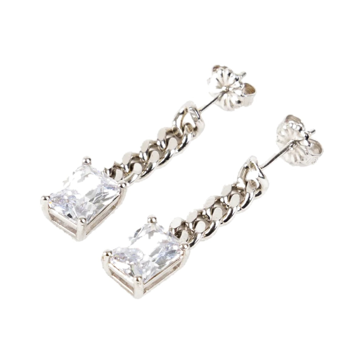 Dropping Stone Earrings by Federation, short silver chains holding emerald cut clear stones, on white