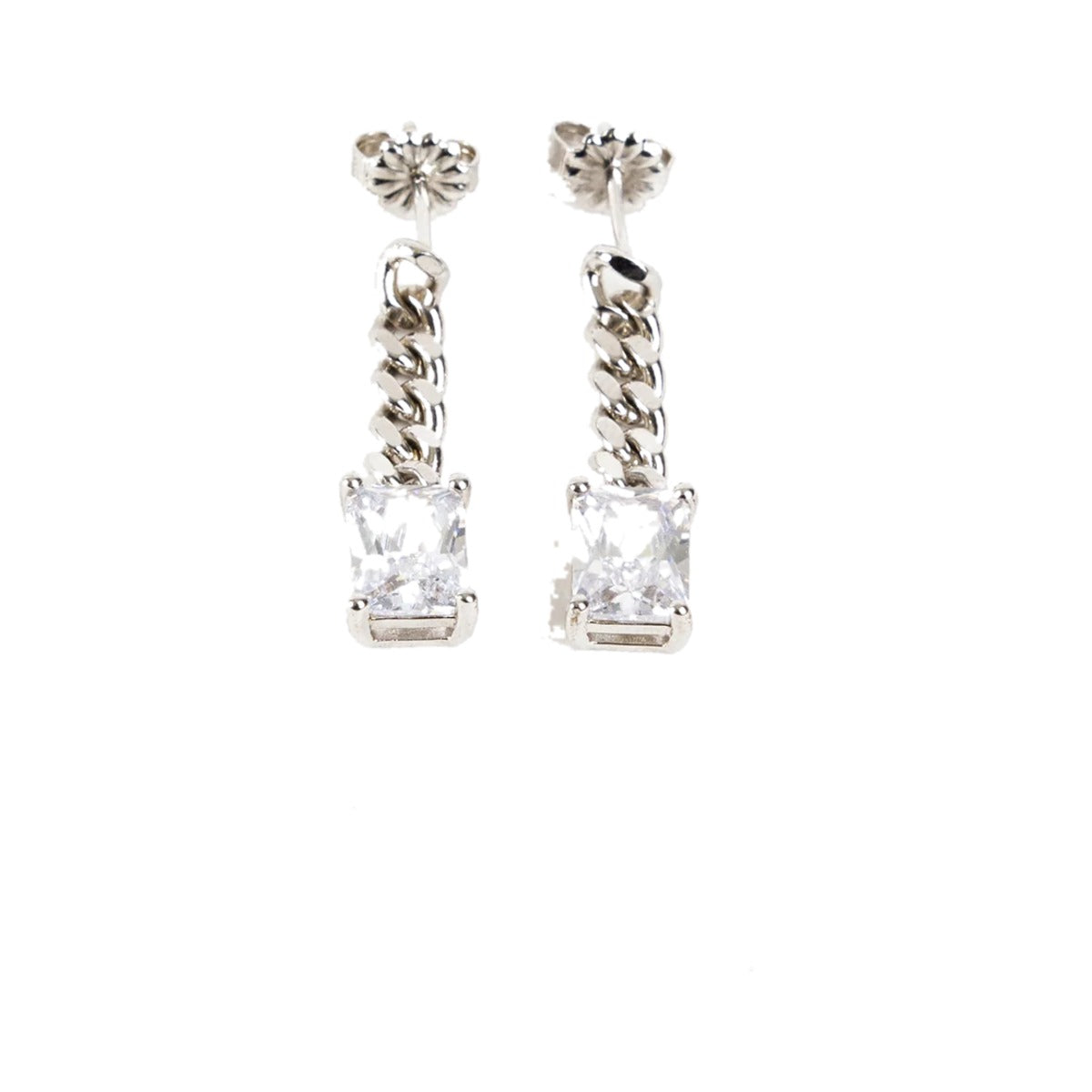 Front view of the pair hanging straight, silver chain and rectangular crystal