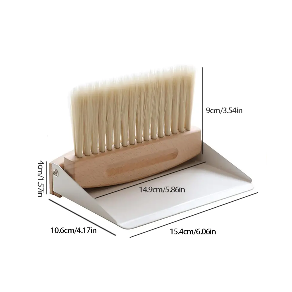 Diagram of the tabletop dustpan and brush with measurements marked in centimetres and inches