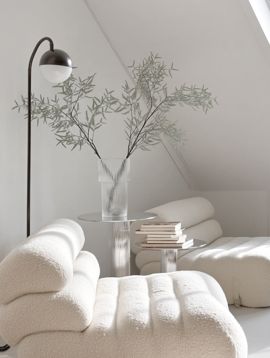 Tall glass vase of faux kowhai foliage beside a boucle sofa, books and a floor lamp