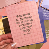 A beautifully designed hand holds a set of Reset Your Mindset Mantras and Affirmations cards with the quote "let us make our future, now" emphasizing positive mindset changes, from the Collective Hub brand.