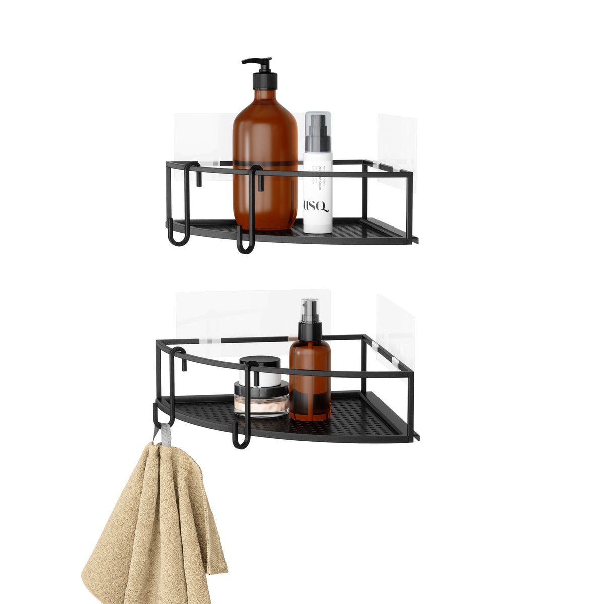 Two black Cubiko corner bins holding amber bottles, a towel on the lower hook