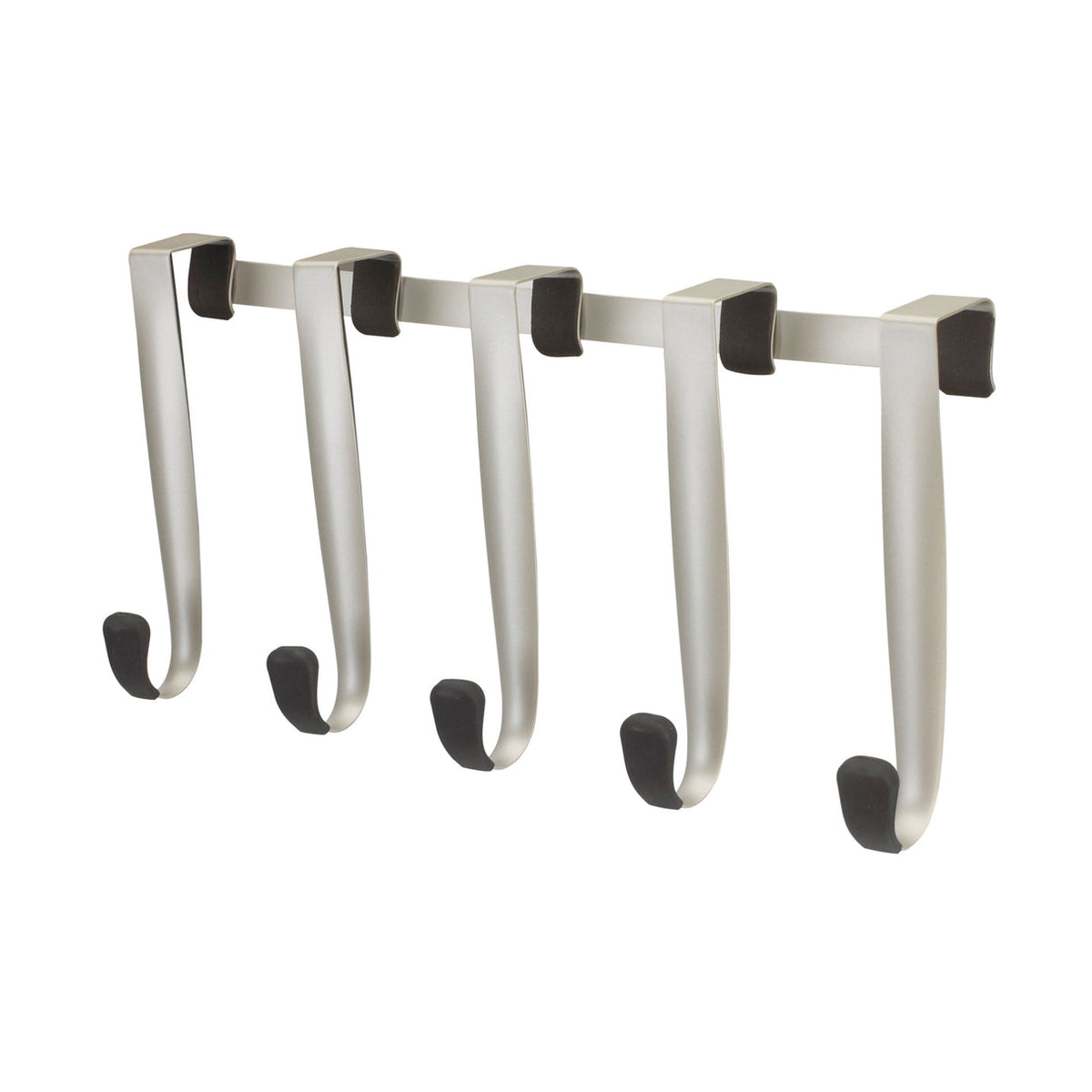 Umbra Schnook over-the-door five hook rail in nickel, seen at an angle