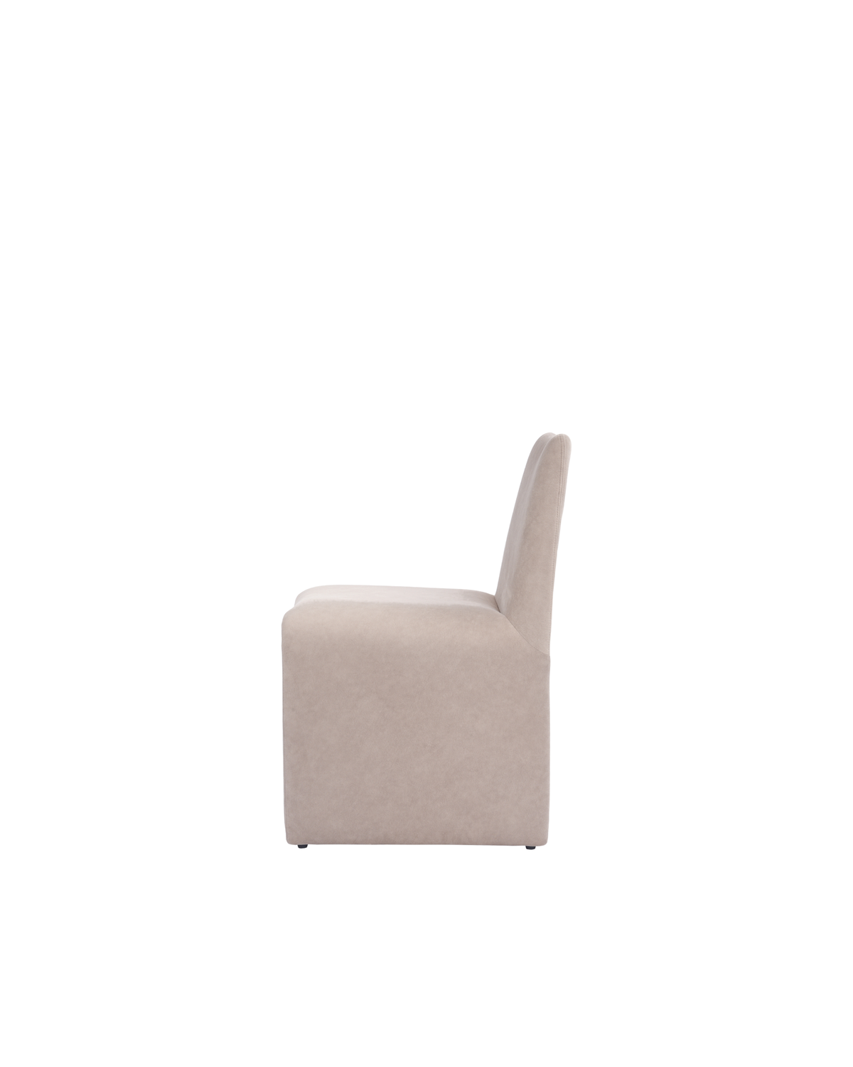 Side profile of the lighter taupe chair, fully upholstered with no visible frame