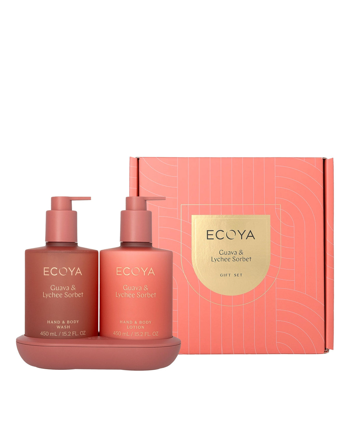 Ecoya Bathroom Edit gift set in Guava and Lychee Sorbet with wash, lotion and coral gift box
