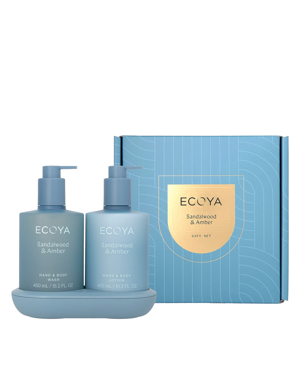 Ecoya Bathroom Edit gift set in Sandalwood and Amber with hand and body wash, lotion and tray