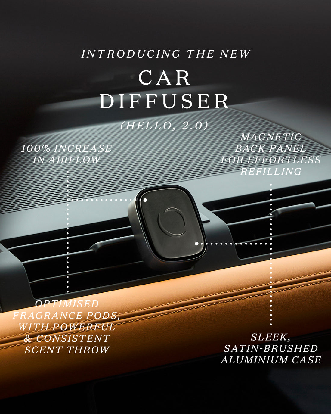 Close-up of the satin charcoal metal body of the Ecoya Car Diffuser