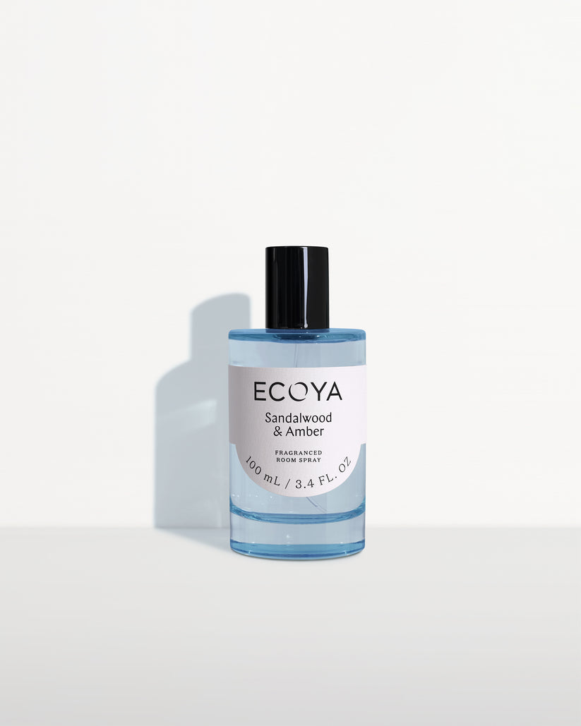 Ecoya room spray in pale blue glass on a white background