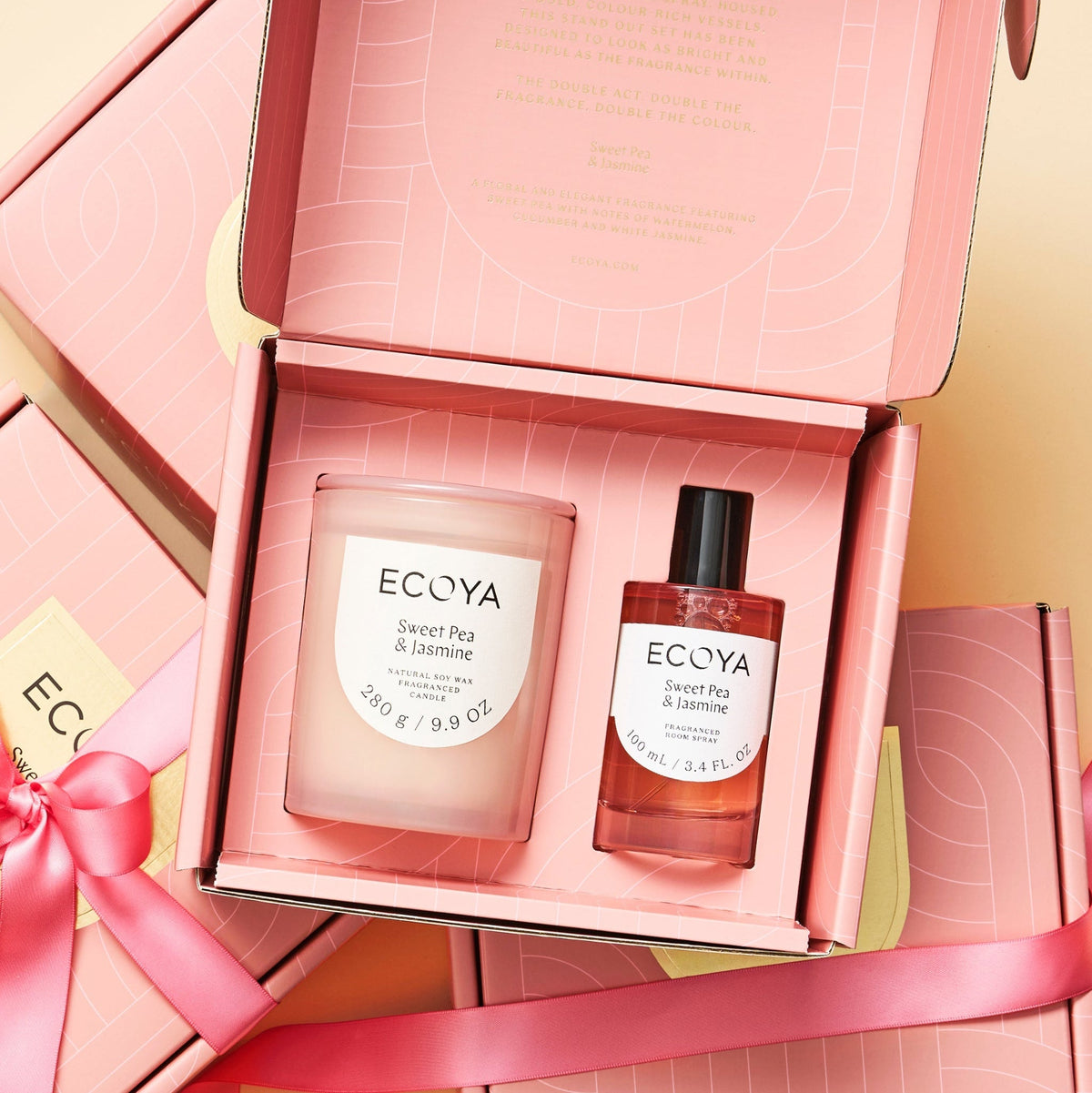 Open Ecoya Double Act gift box holding the Sweet Pea and Jasmine candle and room spray
