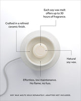 ECOYA Electric Wax Melter features diagram showing refined ceramic finish, natural soy wax dish, effortless low maintenance design and up to 30 hours of fragrance per melt.
