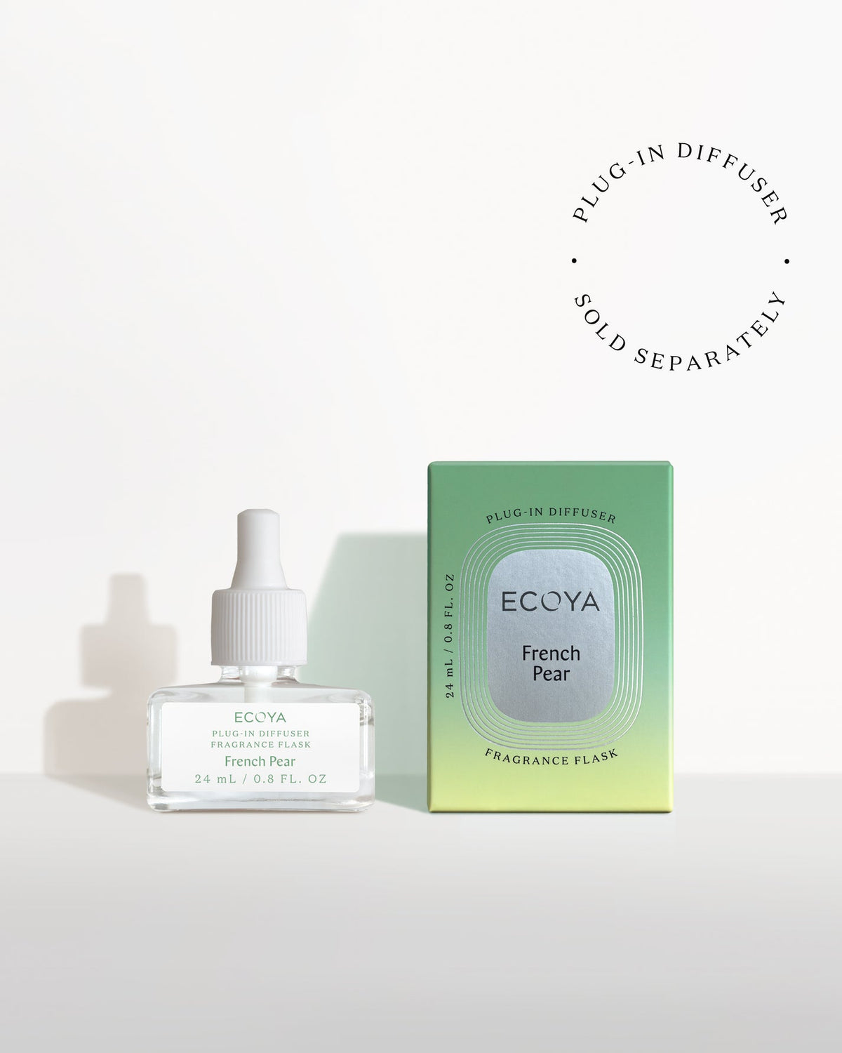 Ecoya French Pear fragrance flask for the Plug-In Diffuser, with its packaging on white