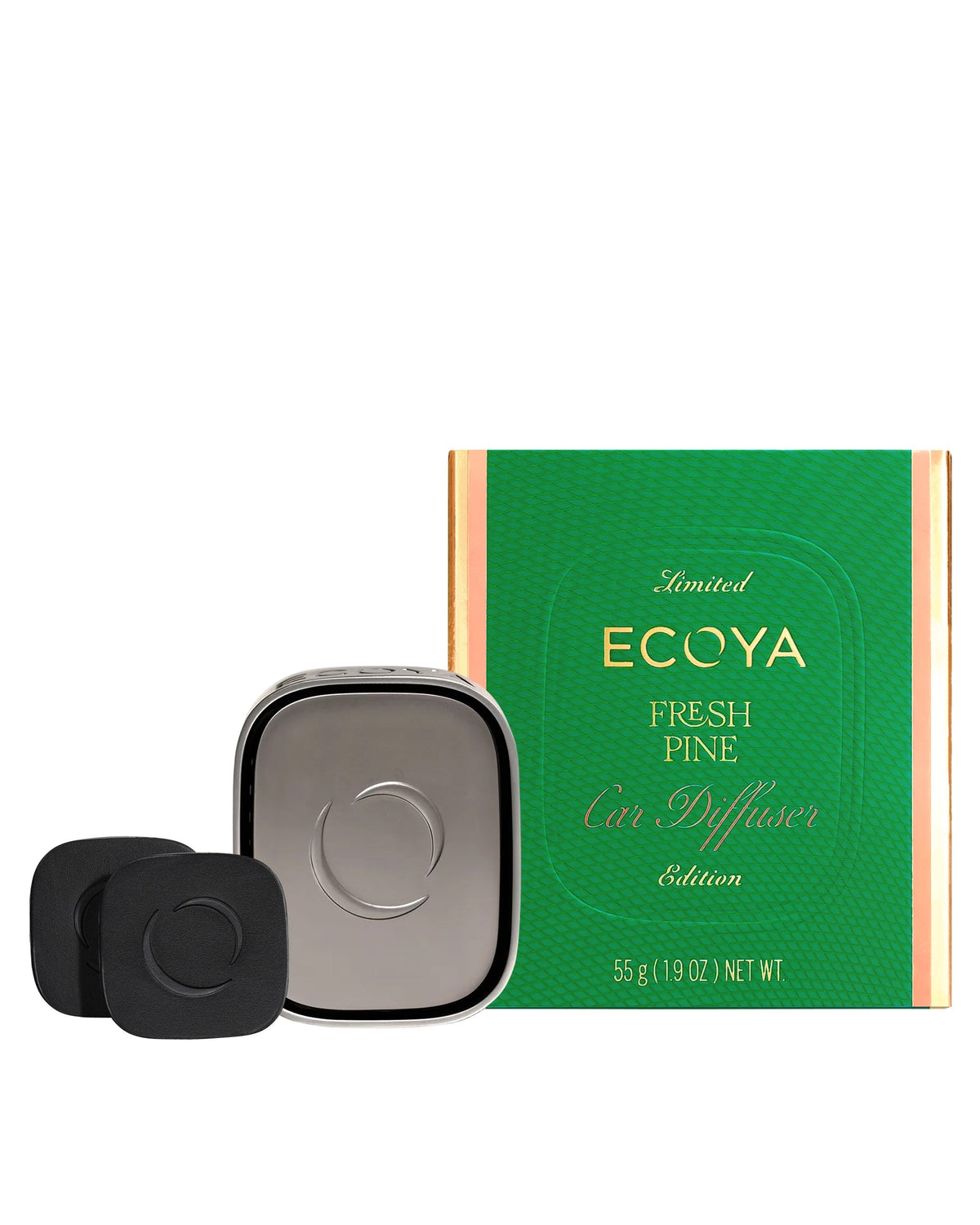 Ecoya Fresh Pine Car Diffuser Gift Set with vent clip diffuser, two pods and green box