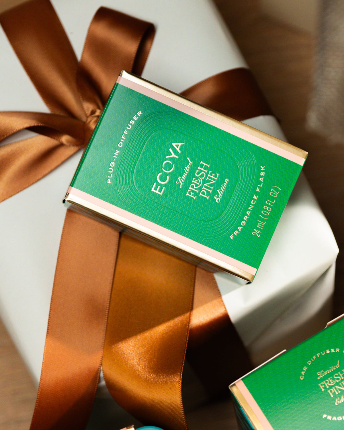 Ecoya Fresh Pine fragrance flask carton tied with copper ribbon