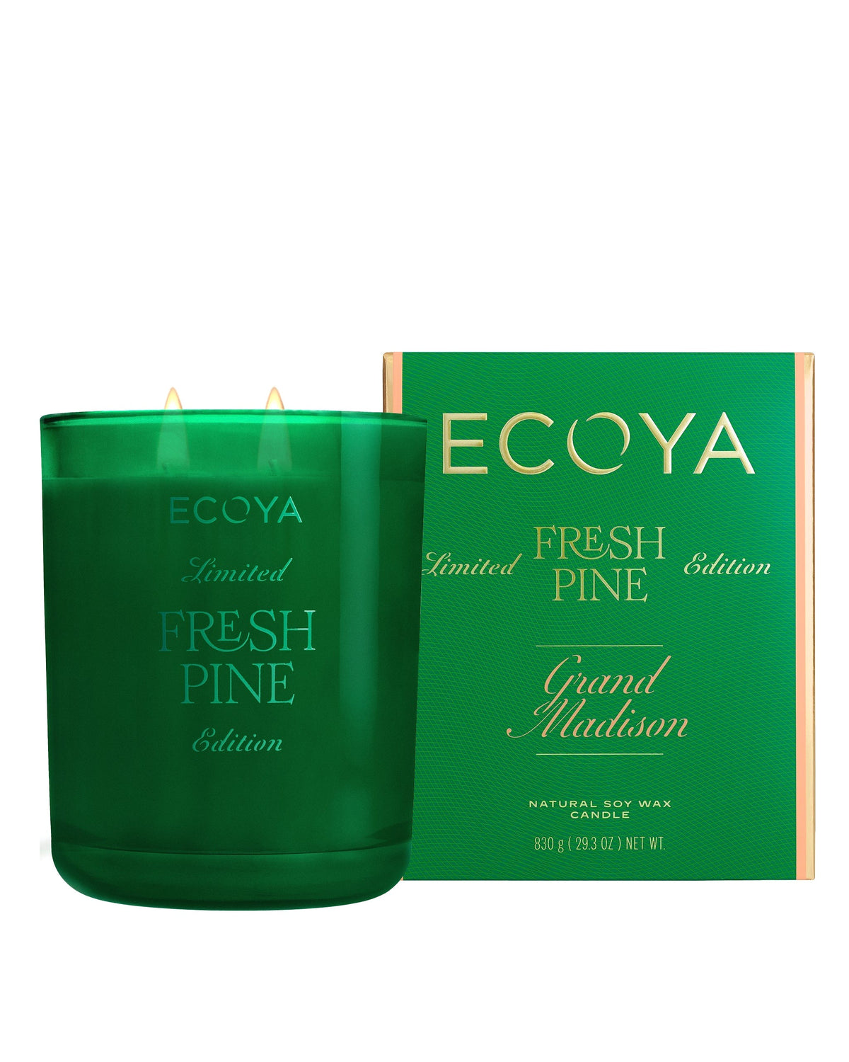 Ecoya Fresh Pine Grand Madison candle 830g in a painted green vessel beside its carton