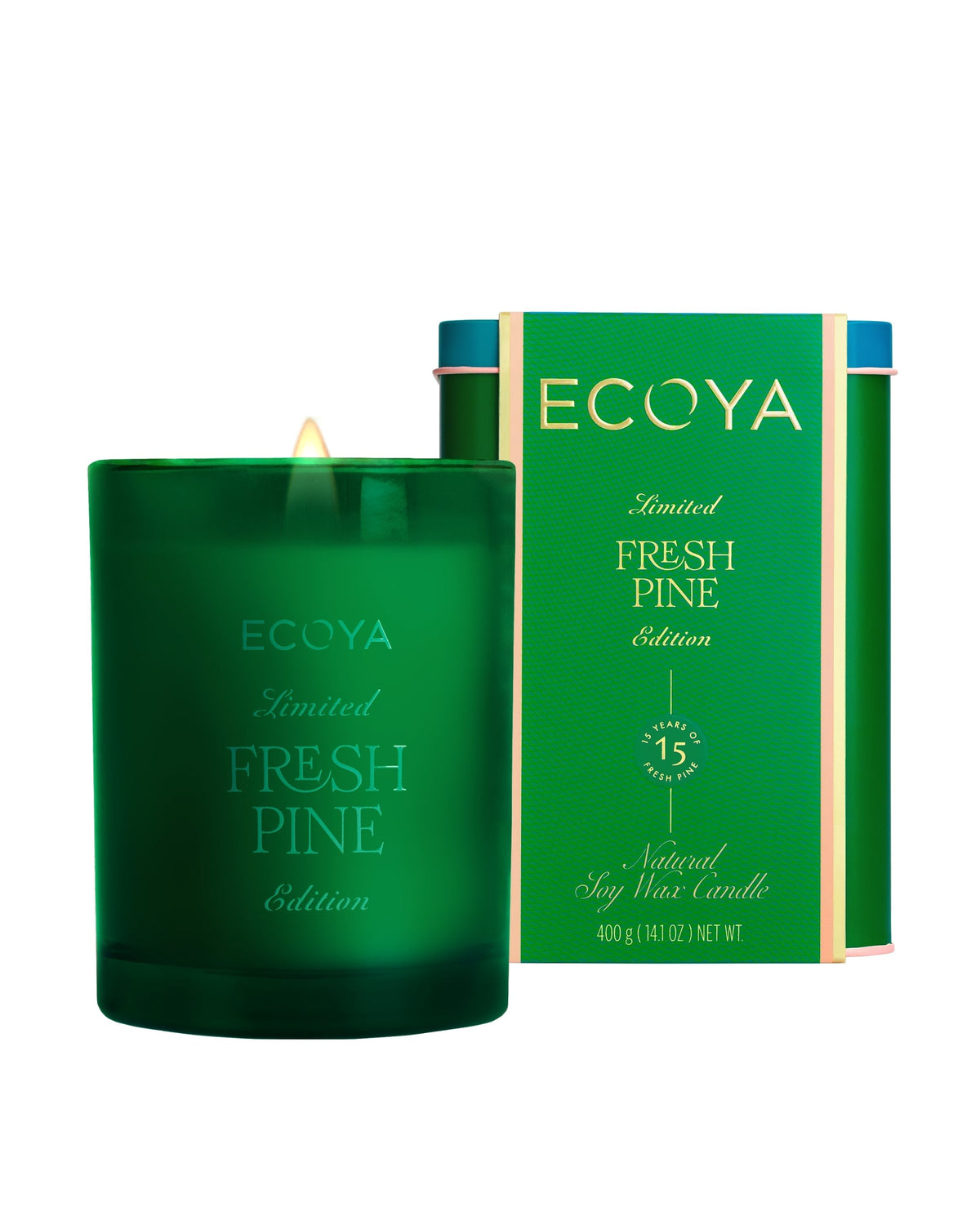 Ecoya Fresh Pine Madison candle 400g in a painted green vessel beside its festive tin