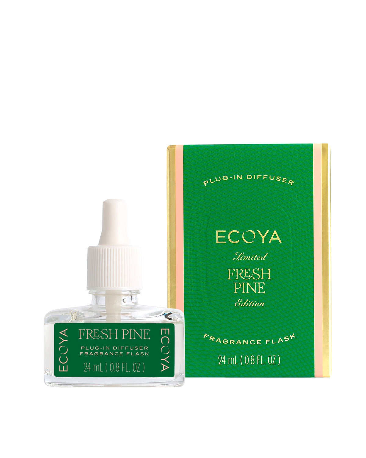 Ecoya Fresh Pine plug-in fragrance flask 24ml beside its green carton