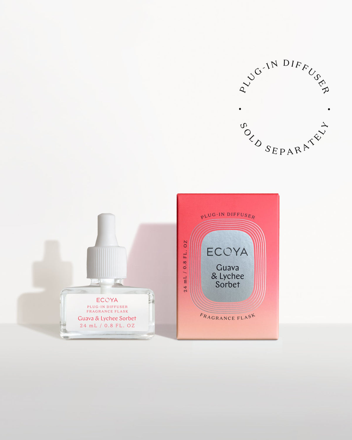 Ecoya Guava and Lychee Sorbet fragrance flask for the Plug-In Diffuser, with its packaging on white