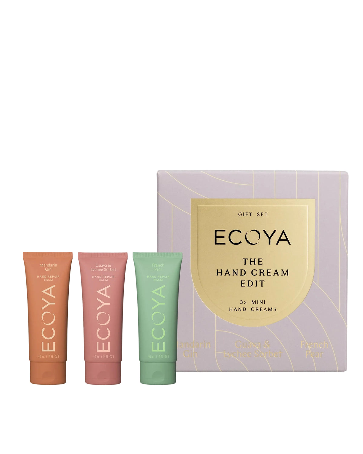 Ecoya Hand Repair Trio of three 40ml hand cream tubes beside a lilac and gold gift box