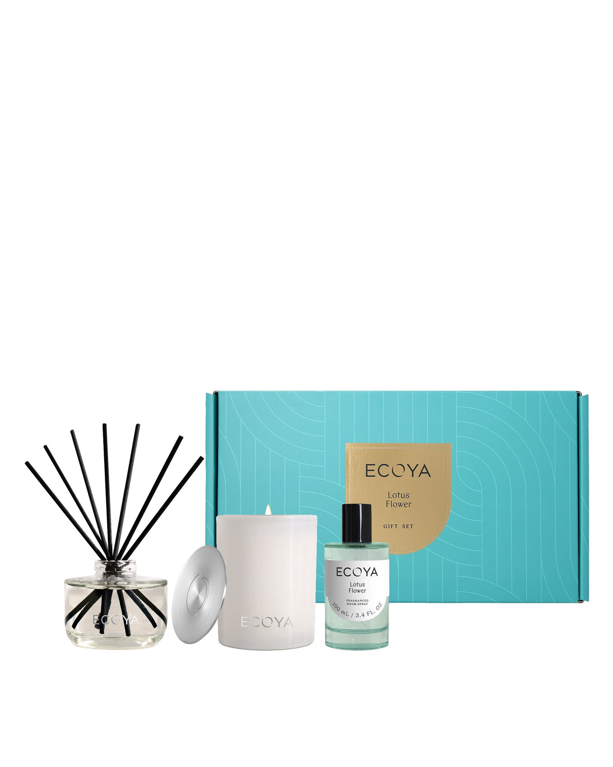 Ecoya Luxe Edit gift set in Lotus Flower with reed diffuser, candle, room spray and turquoise box