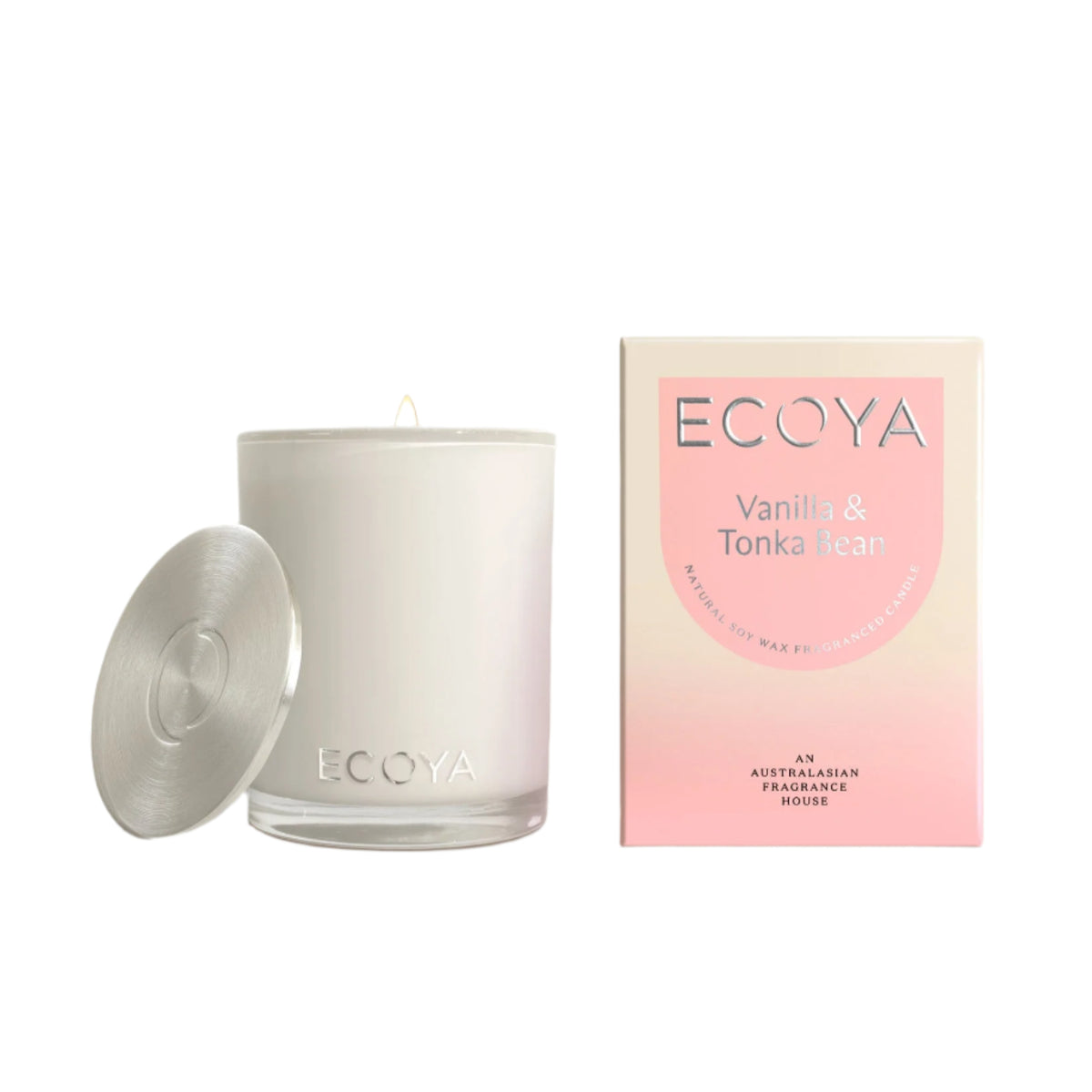 Ecoya Madison candle with the lid off beside its pale pink gift box