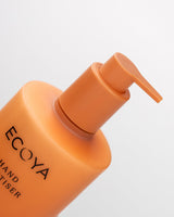 Ecoya Mandarin Gin Hand Sanitiser 450ml pump bottle, angled view showing the pump