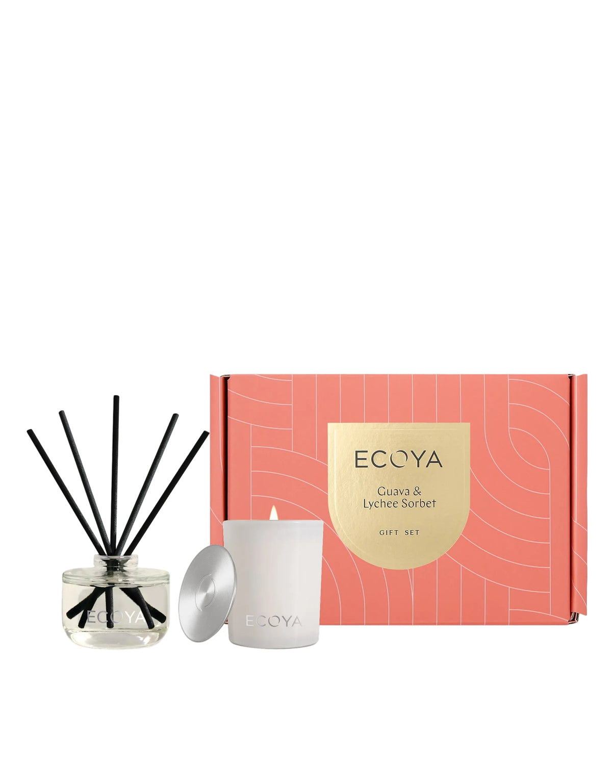 Ecoya Mini Duo gift set in Guava and Lychee Sorbet with mini candle, reed diffuser and coral gift box