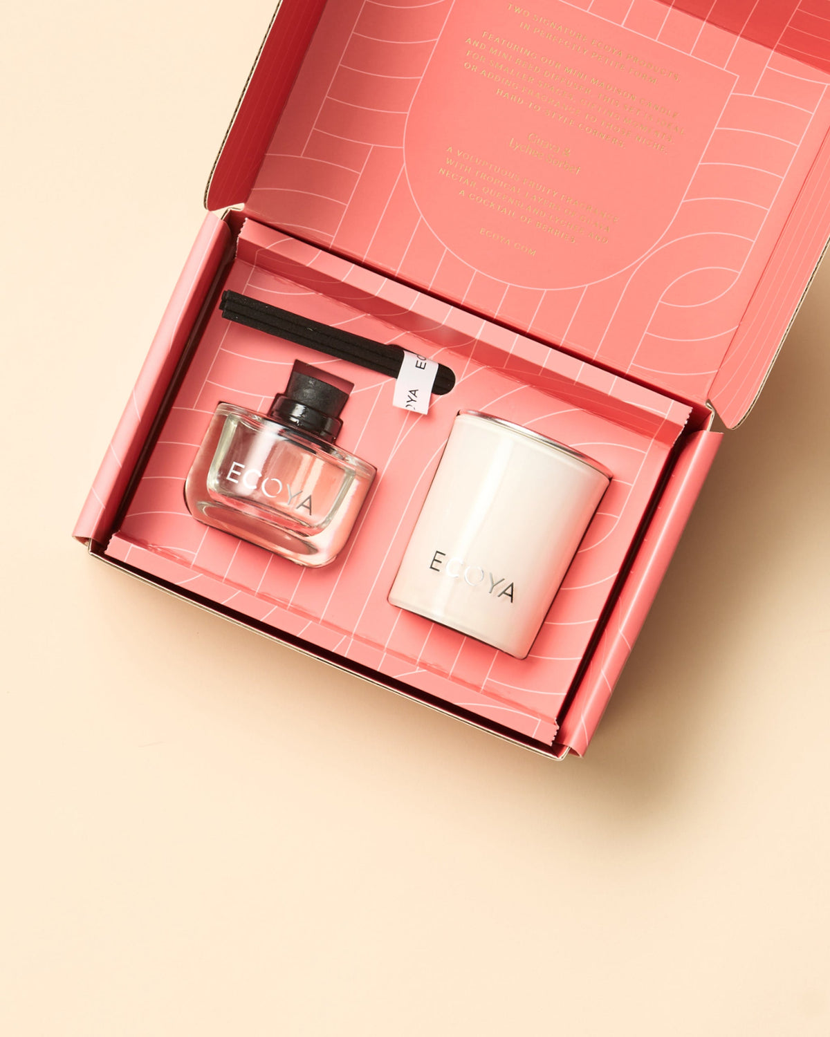 Open Ecoya Mini Duo gift box showing the mini reed diffuser and mini candle