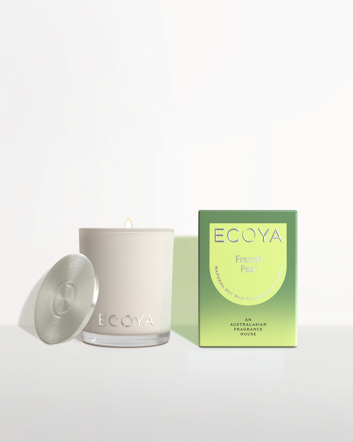 Ecoya French Pear Mini Madison soy candle 80g in a clear glass jar with silver lid