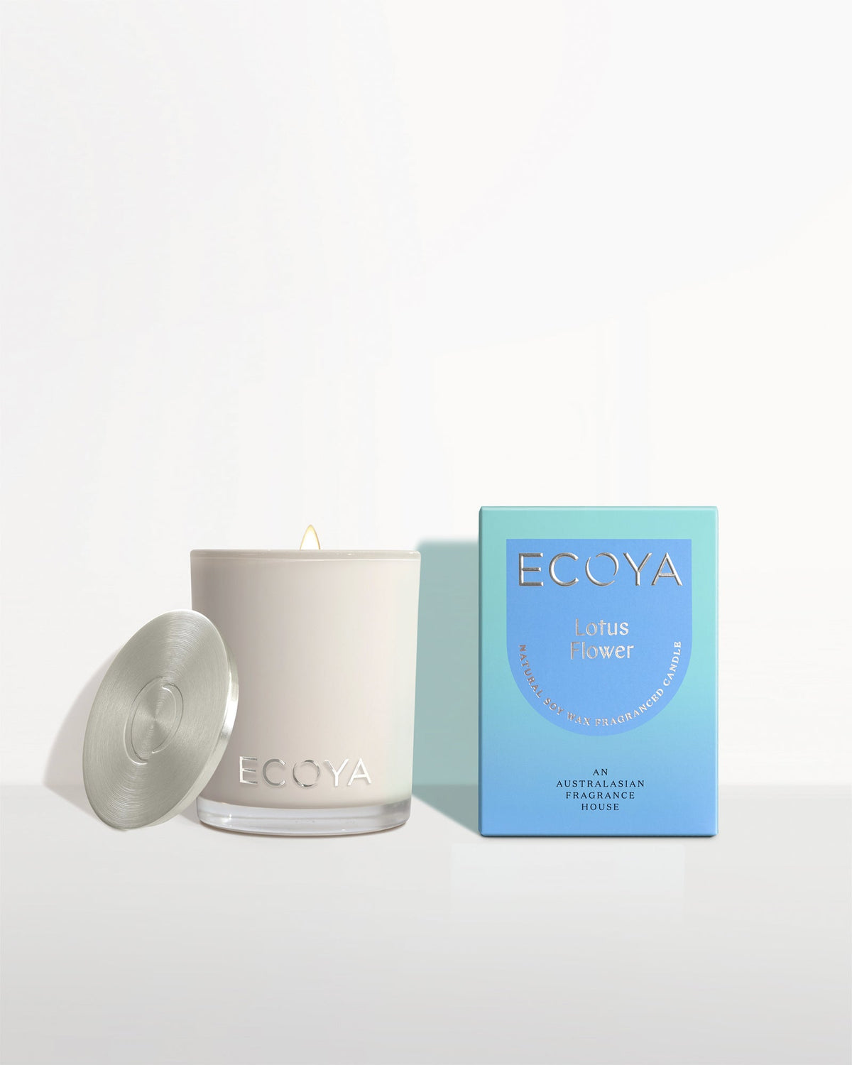 Ecoya Lotus Flower Mini Madison soy candle 80g in a clear glass jar with silver lid