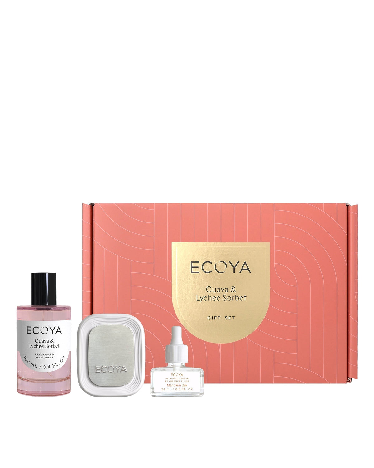 Ecoya Power Pair gift set in Guava and Lychee Sorbet with plug-in diffuser, room spray and coral box