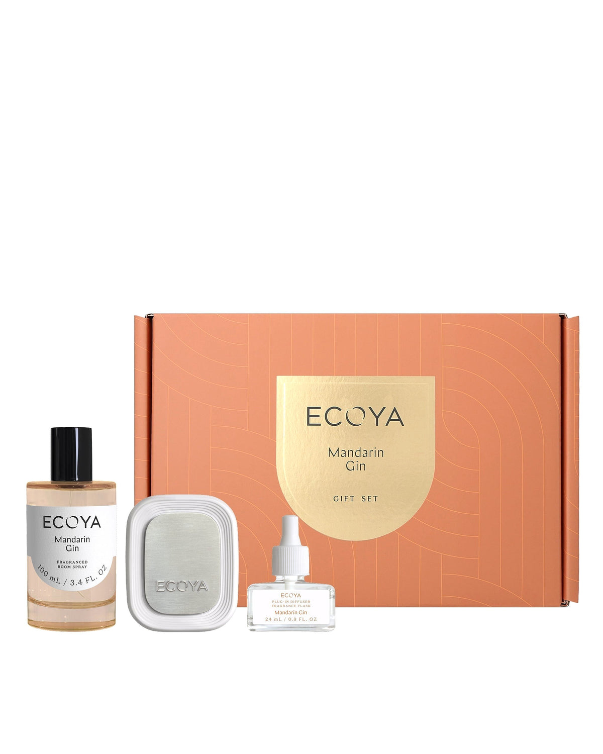 Ecoya Power Pair gift set in Mandarin Gin with plug-in diffuser, room spray and orange box