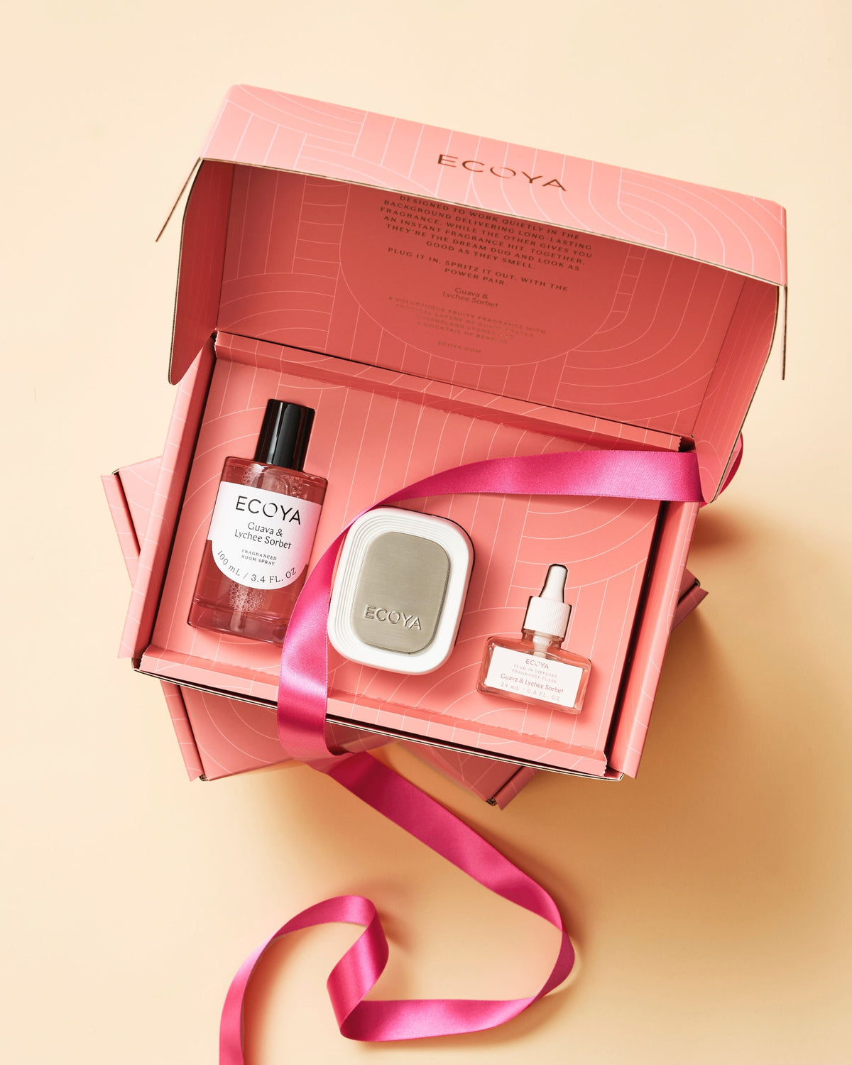 Open Ecoya Power Pair gift box with Guava and Lychee Sorbet room spray, plug-in diffuser and flask